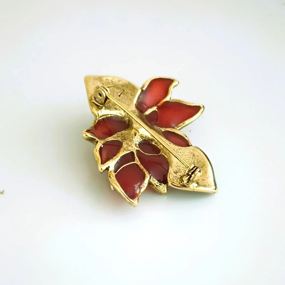 LC Enamel Poinsettia Brooch Red Gold Christmas Flower Pin